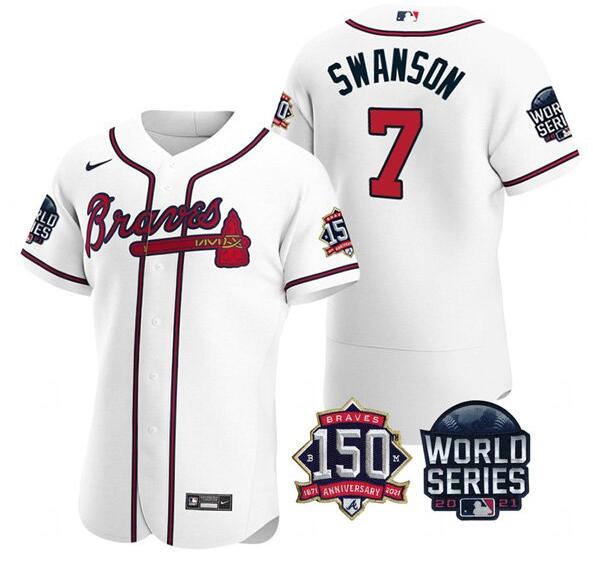 Men's Atlanta Braves #7 Dansby Swanson 2021 White World Series With 150th Anniversary Patch Stitched Baseball Jersey Men's Atlanta Braves #7 Dansby Swanson 2021 White World Series With 150th Anniversary Patch Stitched Baseball Jersey